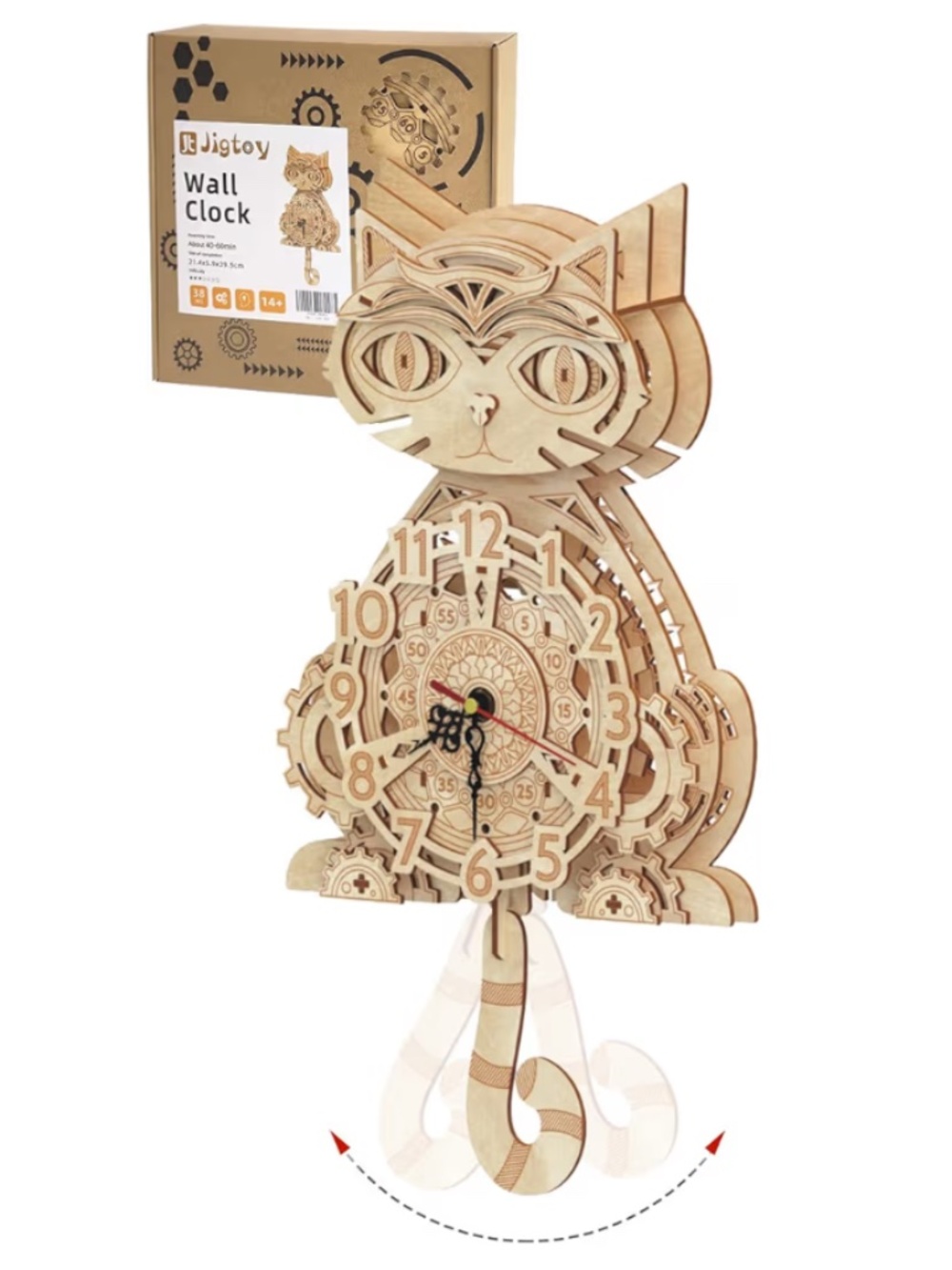 3D [Jigtoy] Cat Clock Wooden Paintable Craft Puzzle | 40 DIY Moving Pieces 14+